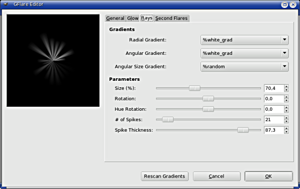Gradient Flare Editor options (Rays)