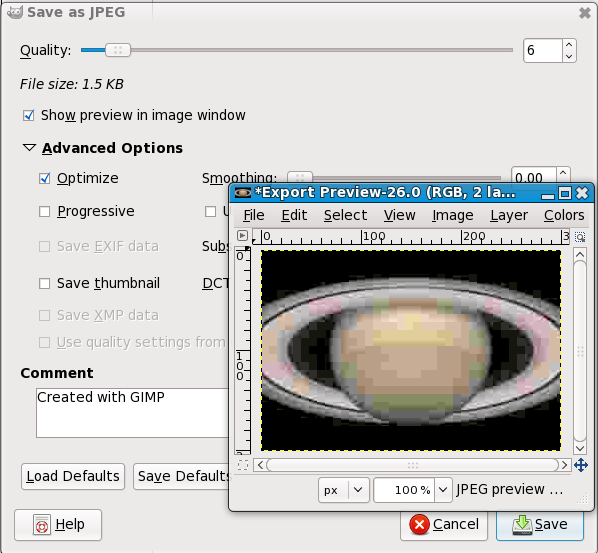 Save as JEPG dialog with poor quality.